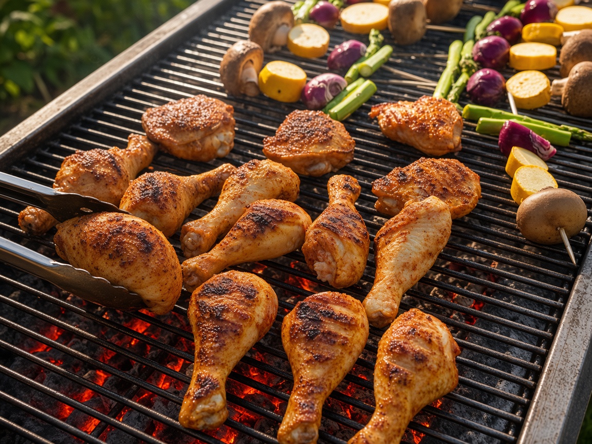 Grill-Catering mit Hähnchen und Gemüse am Feuer